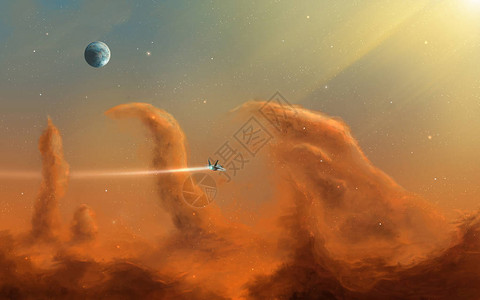 空间场景蓝背景的橙色星云和右上角有强插画