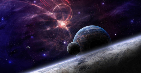 空间场景紫和橙色星云及行星由美图片