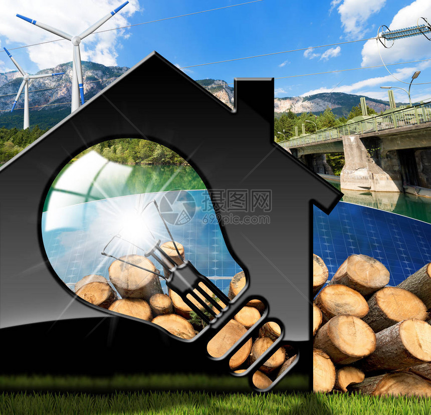 带有灯泡太阳能电池板风力涡轮机木柴原木水力发电大坝的样板房的3D插图图片