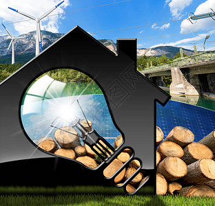石林人工湖带有灯泡太阳能电池板风力涡轮机木柴原木水力发电大坝的样板房的3D插图设计图片