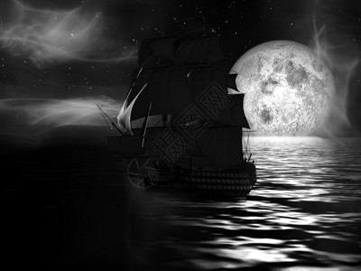 月夜雾中的帆船图片
