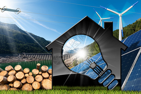 人工湖带有灯泡太阳能电池板风力涡轮机木柴原木水力发电大坝的样板房的3D插图设计图片