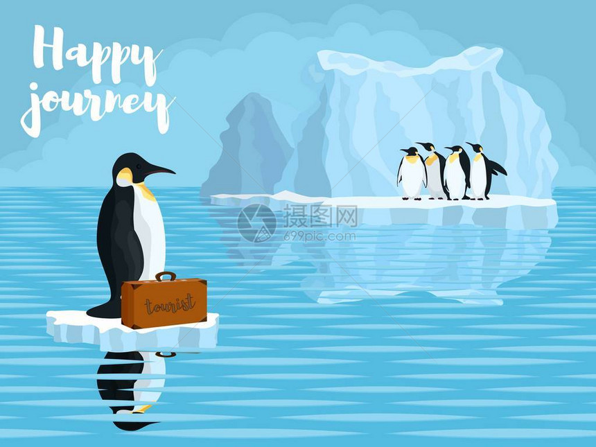 南极洲企鹅在水附近的雪中融化库存图片插图图片