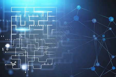 蓝色背景的复杂迷宫和网络全息图技术和集思广益的概念3d使刻度图片