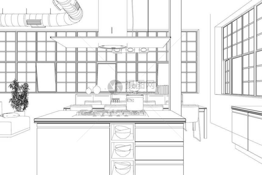 内部设计现代Loft厨房绘图图片