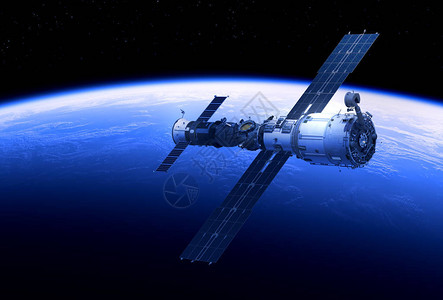 空间站环绕蓝色星球3D插图图片