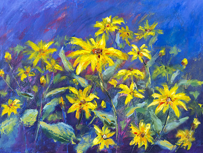蓝色背景上的黄色花朵五颜六色的花卉油画盛开的花朵景观图片