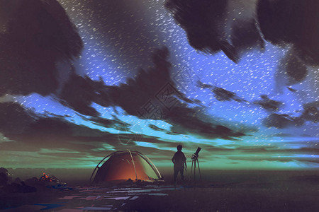 有望远镜的人站在帐篷旁夜里仰望天空说图片