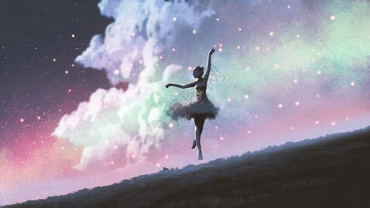 一个芭蕾舞团和山上的萤火虫在山上跳舞与夜空对抗数字艺术图片