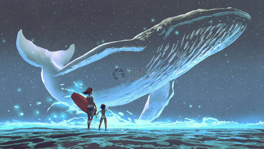 看着蓝光在夜空中飞翔的鲸鱼数字艺术风格插图绘画等图片