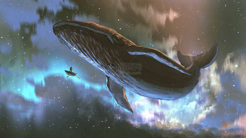 外太空旅行概念展示一个人看着巨鲸在美丽的天空中飞翔图片