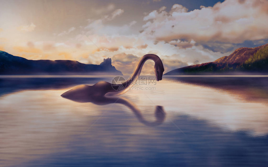 湖内怪物看着他在水中的反射在日落时图片