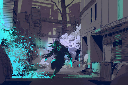 由城市小巷中的蓝光粒子运行的具有前瞻野兽scifi概念图片