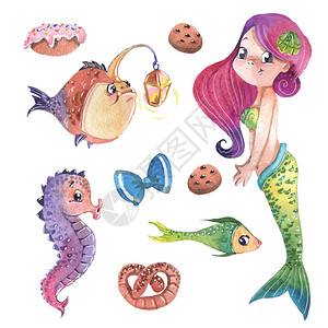 培奈德手画可爱的小美人鱼有鱼和糖果水插画