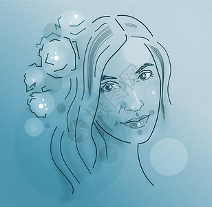 蓝色背景花圈手绘计算机图形中女孩脸部的抽象图画图片