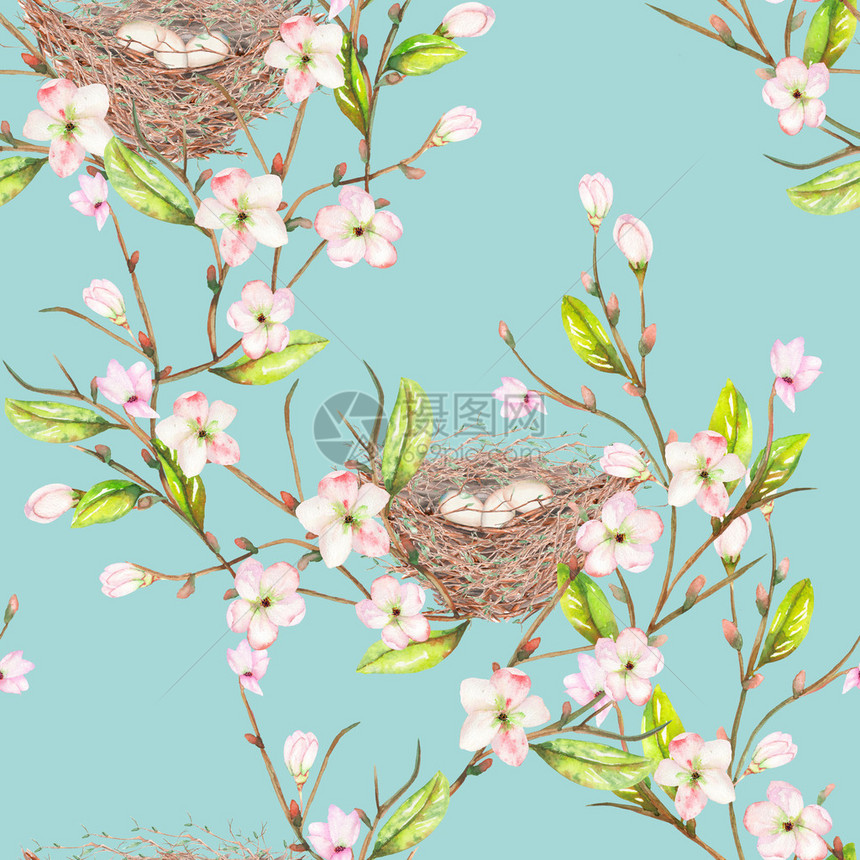树枝上水彩鸟巢的无缝型样状与春花手画图片