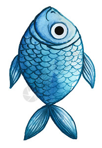 水彩画蓝色鱼儿童画装饰图片