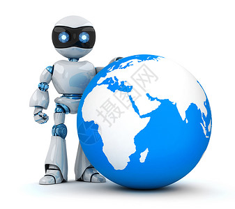 白色机器人和蓝色地球背景图片