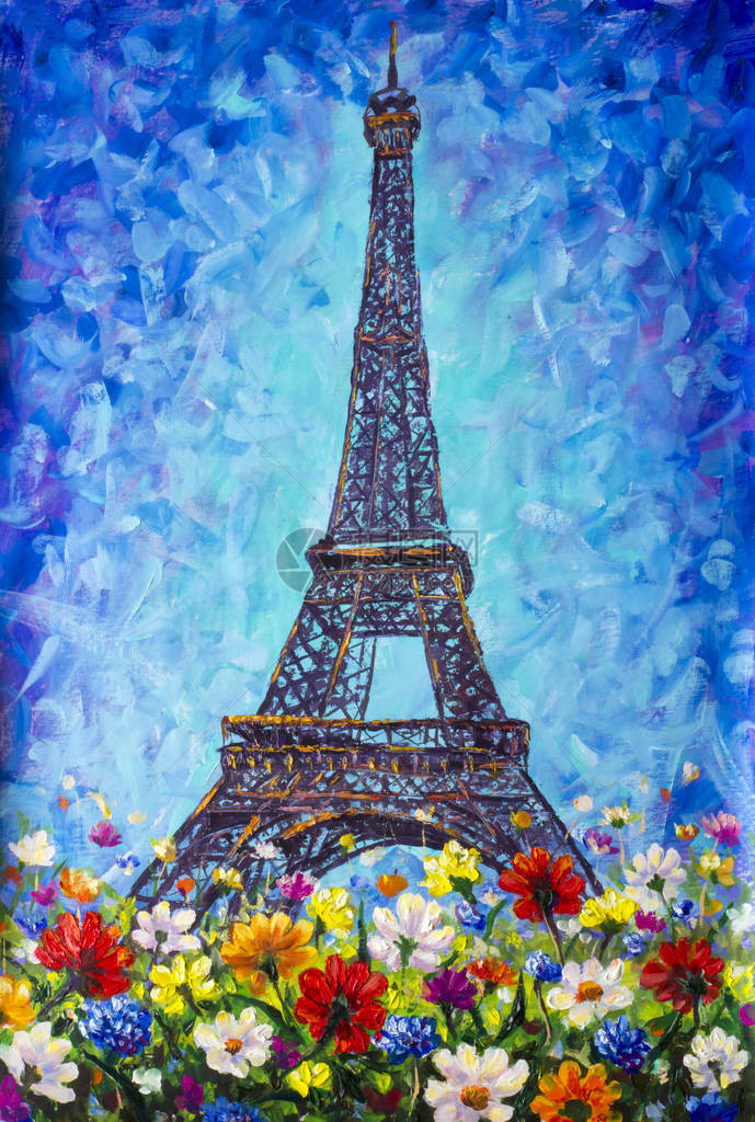蓝色背景手工调色刀油画浪漫的埃菲尔铁塔与春天的花朵福图片