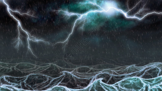 活跃的雷暴与闪电和大雨在海背景图片