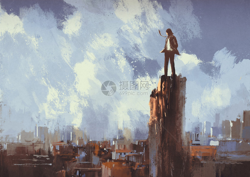 男人站在山顶看城市的插画图片