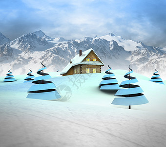 冬季风景山区小屋有高山地景图片