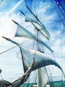 从一艘经典帆船的下方看到的风帆桅杆和绳索图片