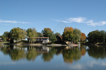 蓝的天空湖边的房屋景观图片