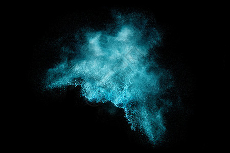 晶瓷效果蓝色尘埃粒子爆炸类似于或黑色的烟火效果在黑色上隔离的颜设计图片