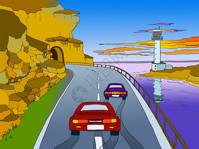 两辆汽车在海边的山隧道中行驶的插图图片