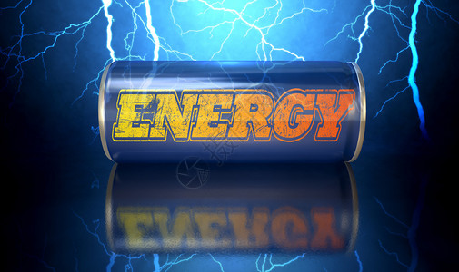 精神抖擞一个蓝色能量饮料以电闪风暴背景写在它上面的文字能插画