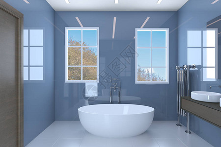 带两个洗脸盆和大窗户的蓝色浴室3D渲染图片