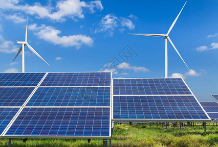 电站发电的太阳能电池和风力涡轮机图片