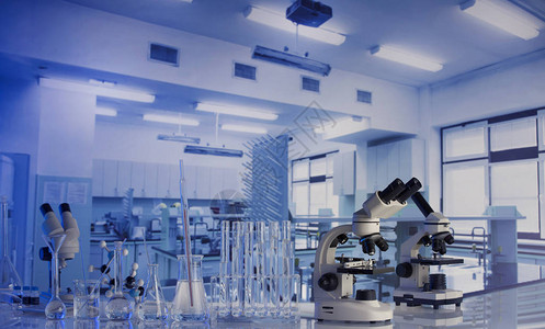 现代科学实验室内部实验室玻璃器械和玻璃桌背景图片