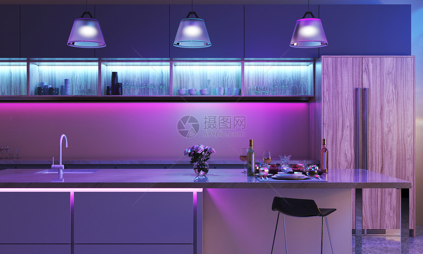 现代厨房配有彩色LED灯蓝色的灯带和紫色的三盏灯智能住宅内部图片