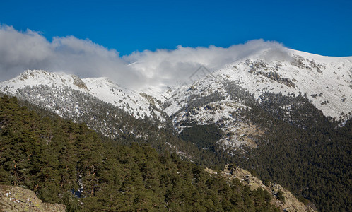 西班牙马德里Navacerrada的雪山和boladel图片