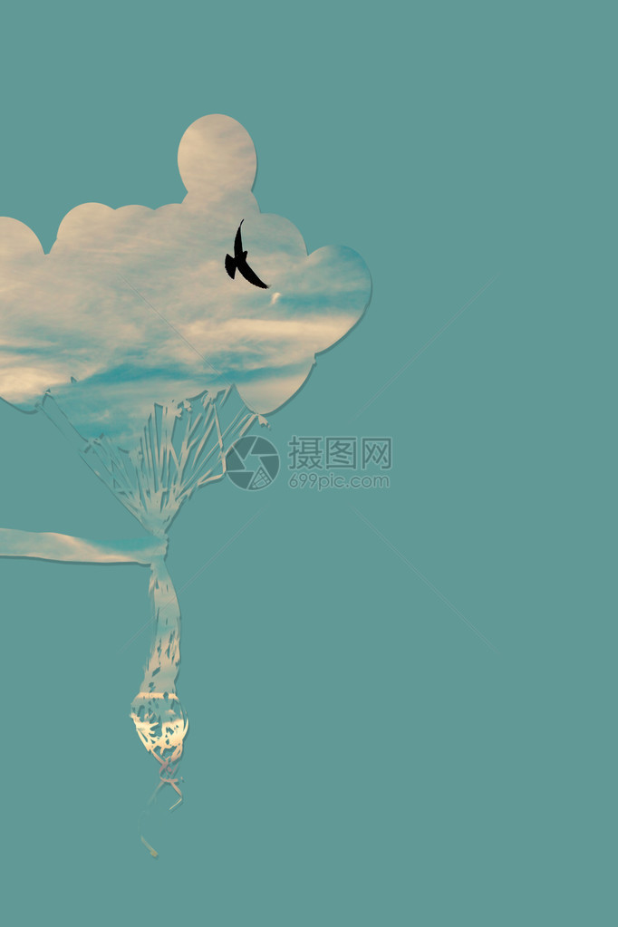 天上的气球和小鸟合成照片图片