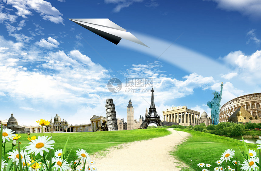 环球旅行路和纸飞机的地标在蓝天上飞来图片