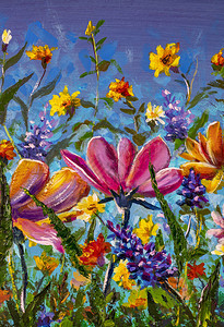蓝天背景下美丽的春花田画布上的矢车菊和雏菊林间空地油画厚涂艺术品图片