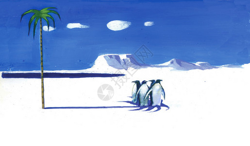 企鹅躲在棕榈树涂漆的气候变化主题下的遮荫下图片
