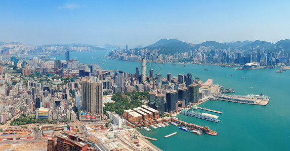 香港的空中观光全景与城市摩天图片