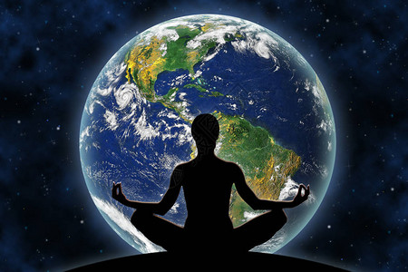 女瑜伽数字以空间背景和行星地球为根据图片