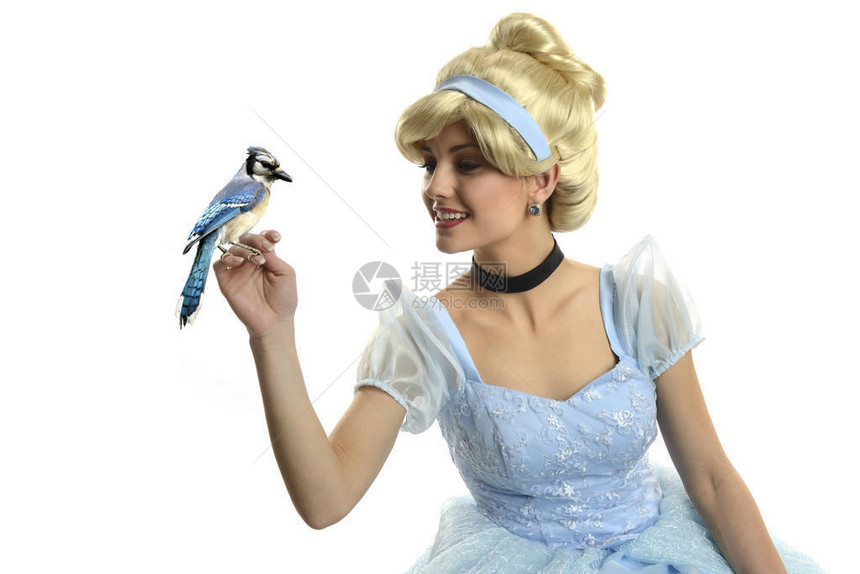 灰姑娘抱着一只孤立在白色背景上的鸟图片