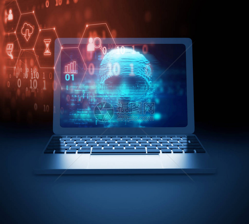 笔记本电脑屏幕上的数字人类黑客代表了网络犯罪黑客图片