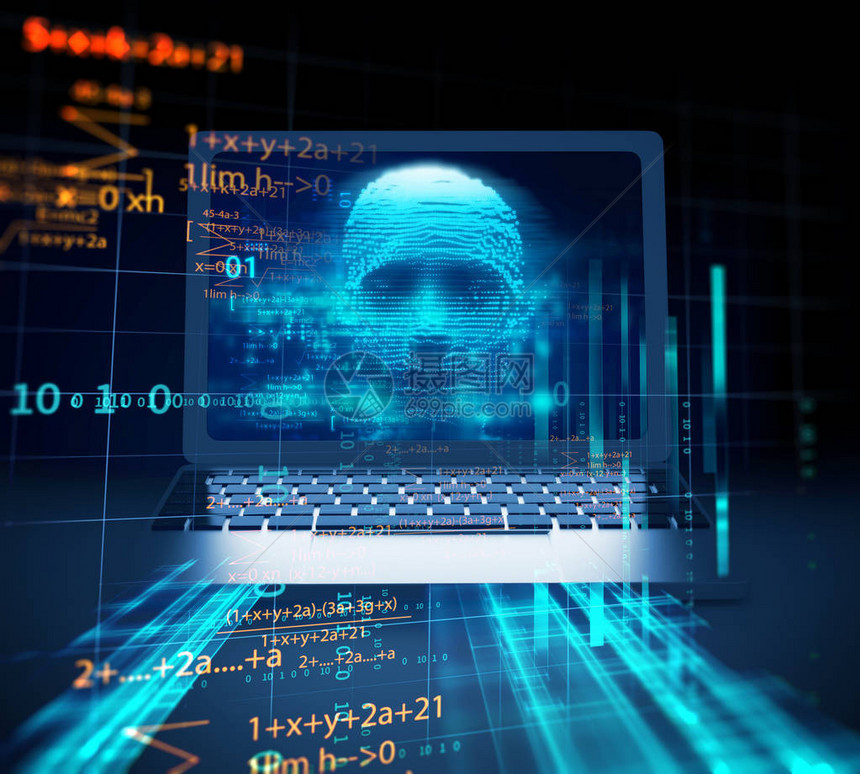 笔记本电脑屏幕上的数字人类黑客代表了网络犯罪黑客图片