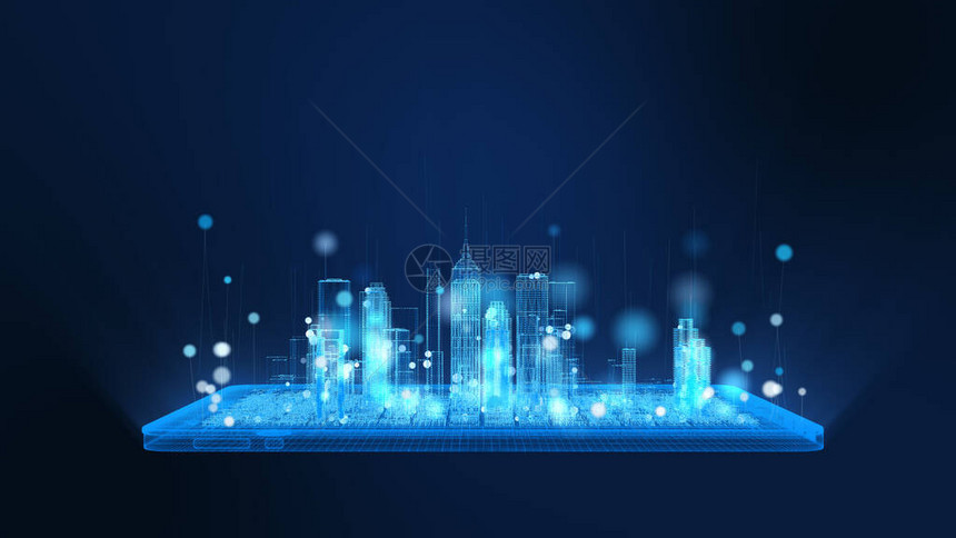 渲染明亮的数字平板电脑和明亮的蓝色和白色粒子的城市线框图片