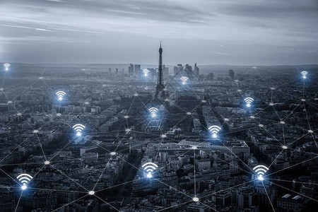 巴黎智慧城市景观与网络连接概念商业城市互联网无线信号图片