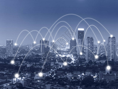 城市景观背景顶视图冷色调业务网络和连接概念上的建筑物之间图片