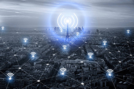 巴黎智慧城市景观与网络连接概念商业城市互联网无线信号背景图片