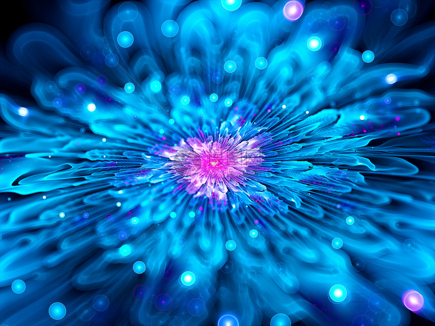 电脑生成了抽象背景的闪光蓝分形花图片